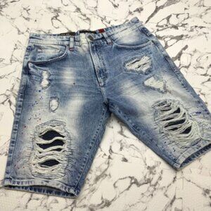 Men's Makobi Mid Blue Sandblast Ripped Denim Shorts NWT